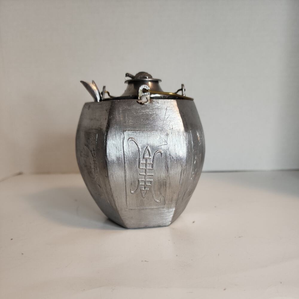 Vtg Chinese Pewter Wine Warmer Phoenix, Dragon, And Turtle Casting Brass Handle